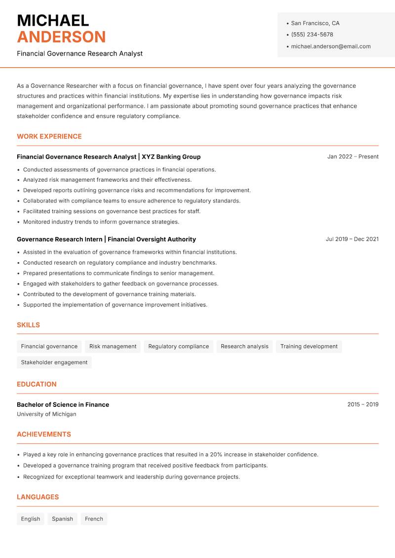 Governance Researcher resume sample — Financial Governance Research Analyst focus