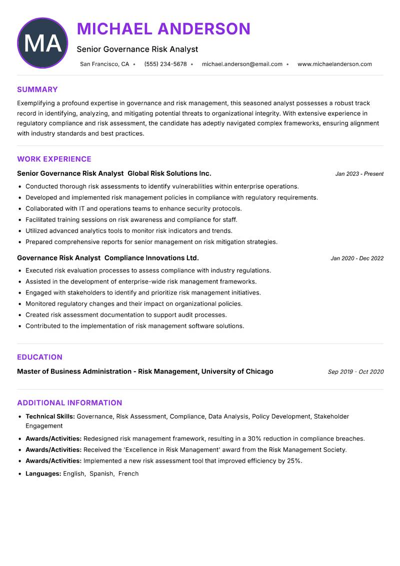 Governance Risk Analyst resume example