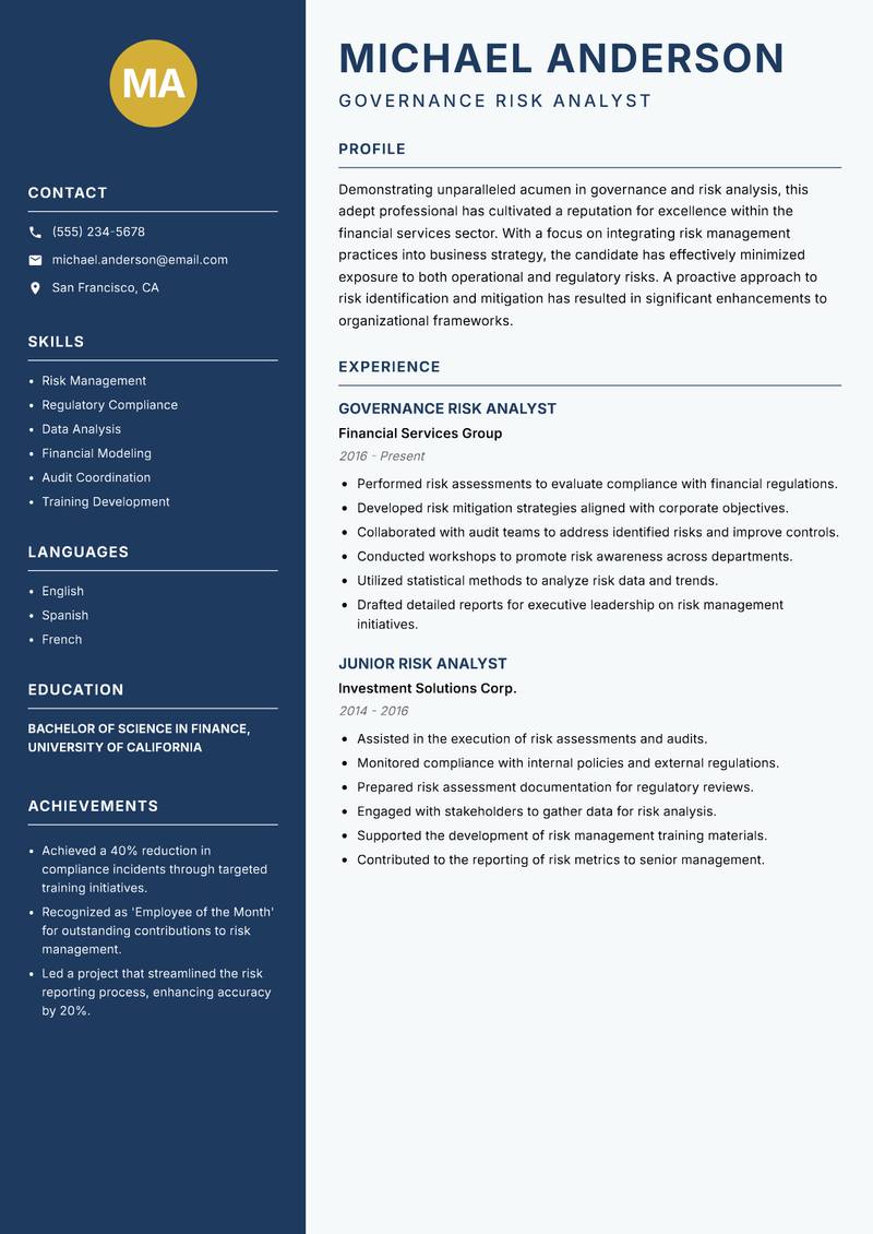 Governance Risk Analyst resume sample — Governance Risk Analyst focus