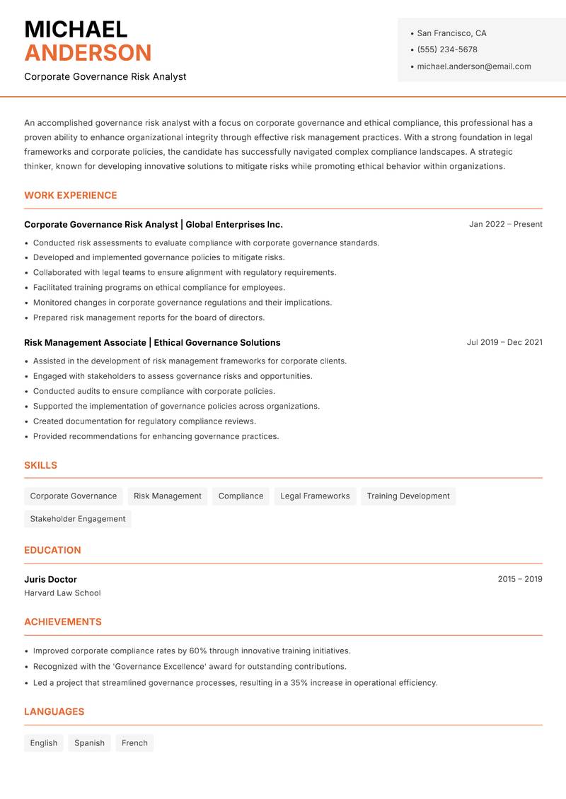 Governance Risk Analyst resume sample — Corporate Governance Risk Analyst focus