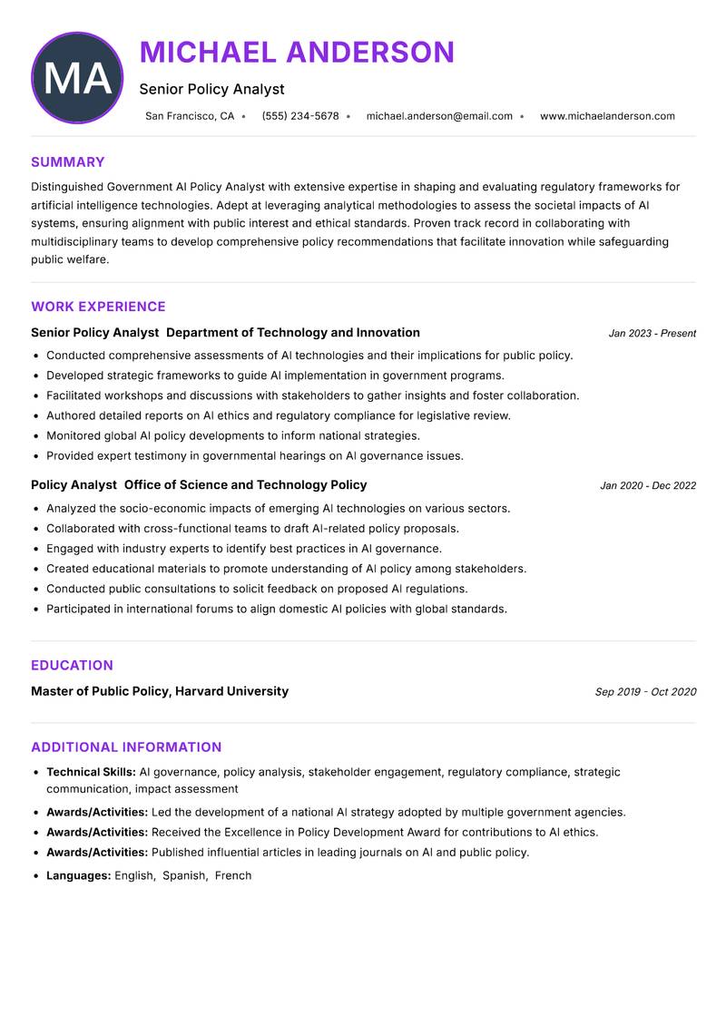 Government AI Policy Analyst resume example