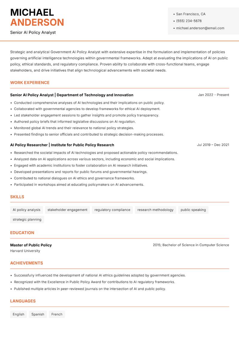 Government AI Policy Analyst resume sample — Senior AI Policy Analyst focus