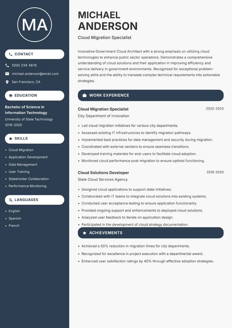 Government Cloud Architect resume sample — Cloud Migration Specialist focus