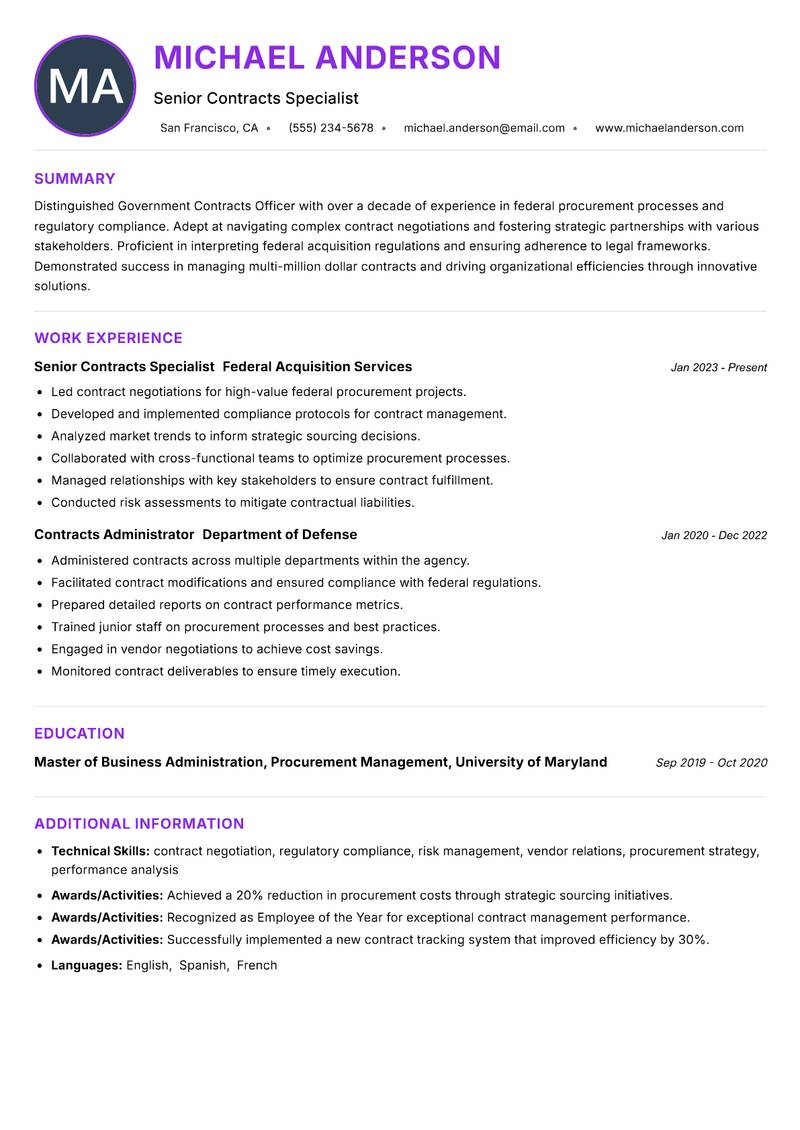 Government Contracts Officer resume example