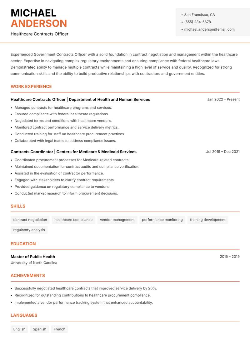 Government Contracts Officer resume sample — Healthcare Contracts Officer focus