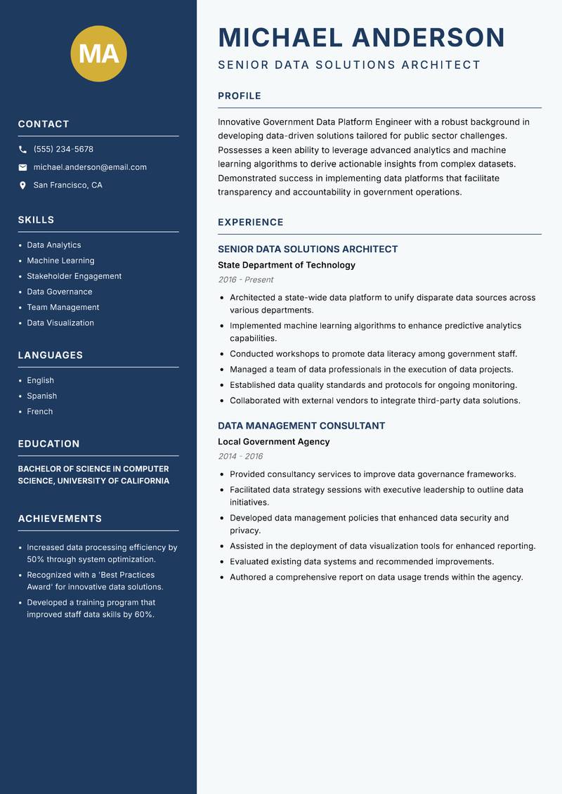 Government Data Platform Engineer resume sample — Senior Data Solutions Architect focus