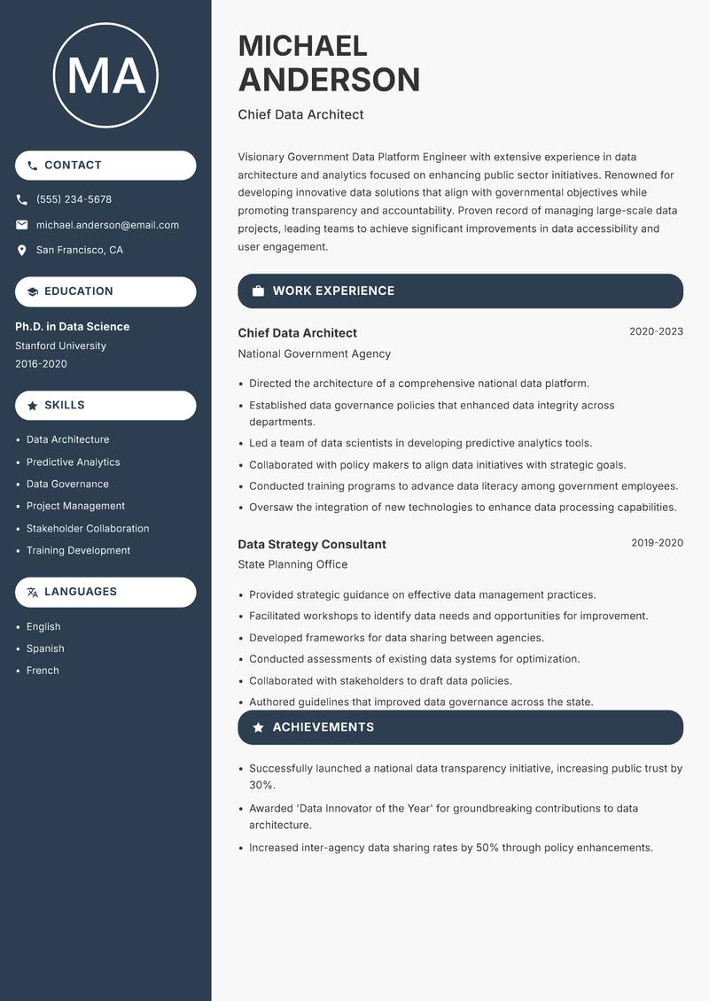 Government Data Platform Engineer resume sample — Chief Data Architect focus