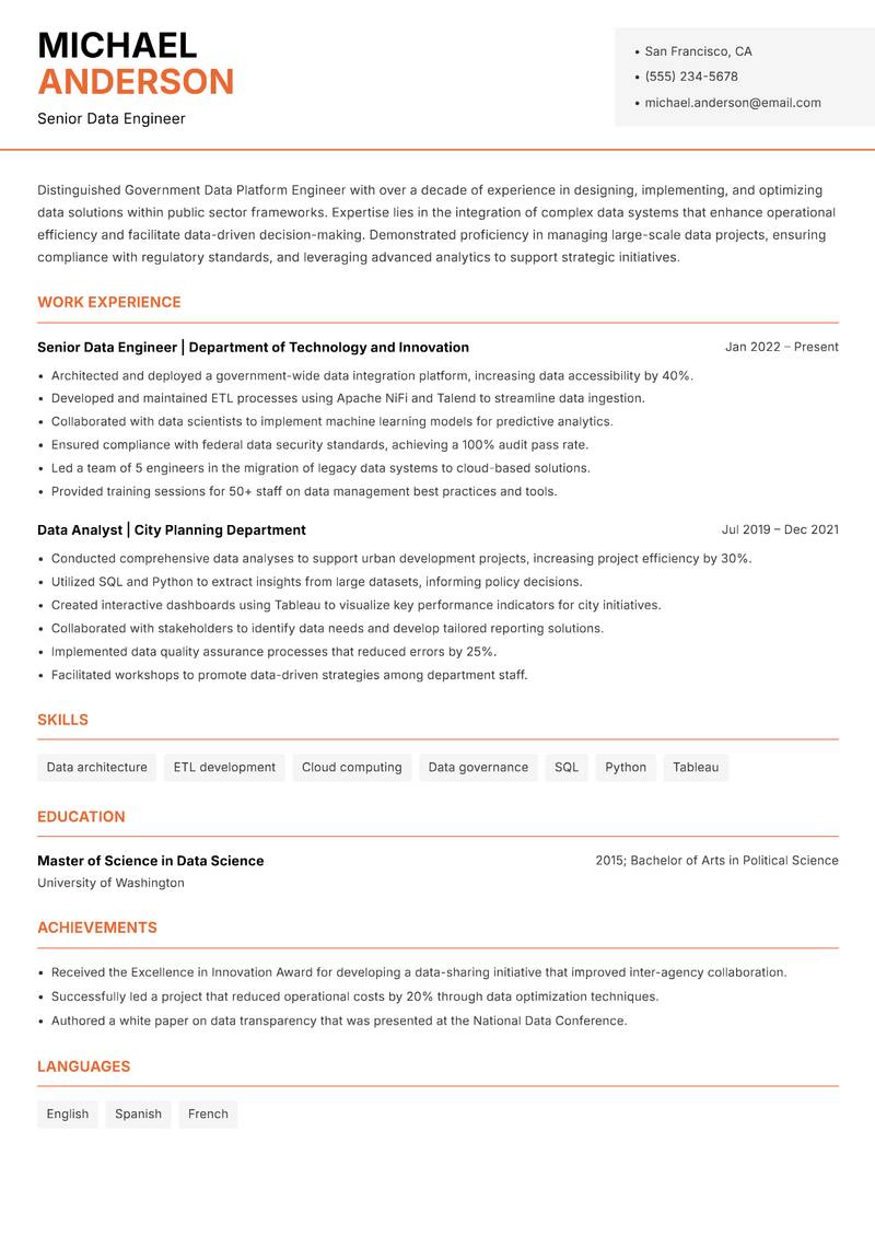 Government Data Platform Engineer resume sample — Senior Data Engineer focus