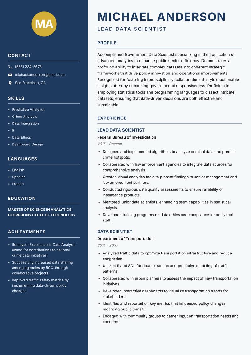 Government Data Scientist resume sample — Lead Data Scientist focus