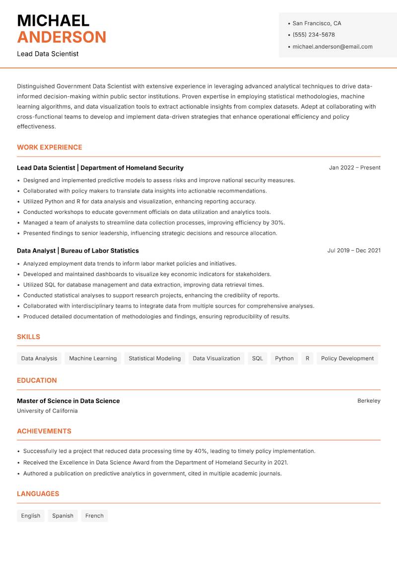 Government Data Scientist resume sample — Lead Data Scientist focus