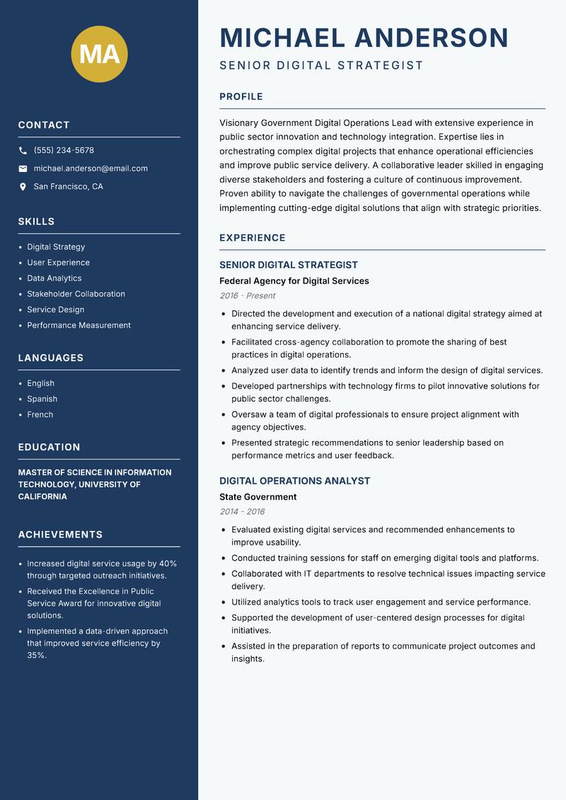 Government Digital Operations Lead resume sample — Senior Digital Strategist focus