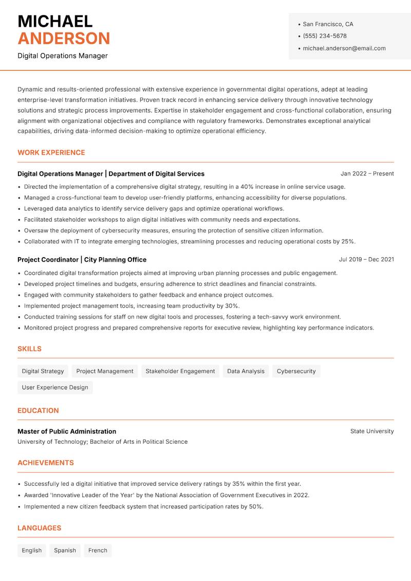 Government Digital Operations Lead resume sample — Digital Operations Manager focus
