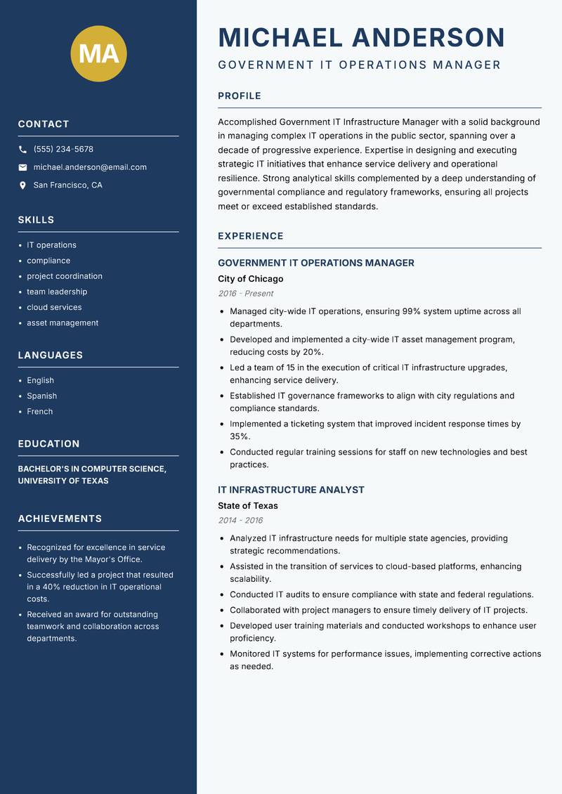 Government IT Infrastructure Manager resume sample — Government IT Operations Manager focus
