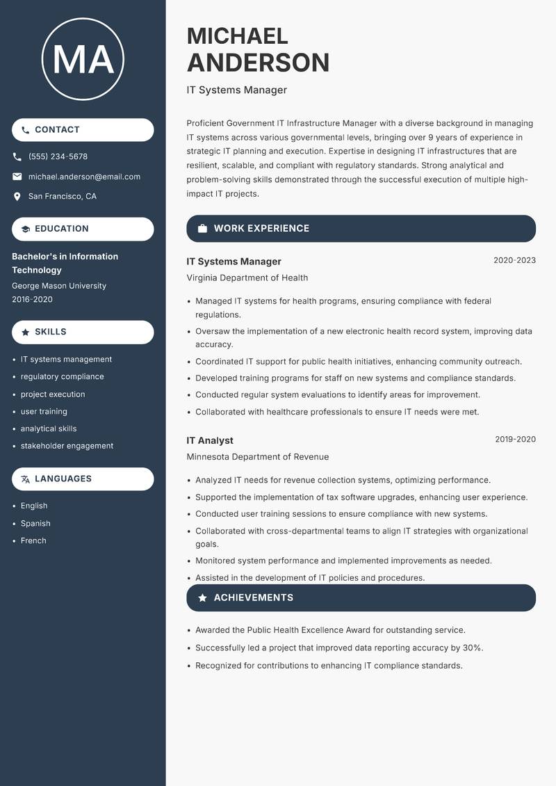 Government IT Infrastructure Manager resume sample — IT Systems Manager focus