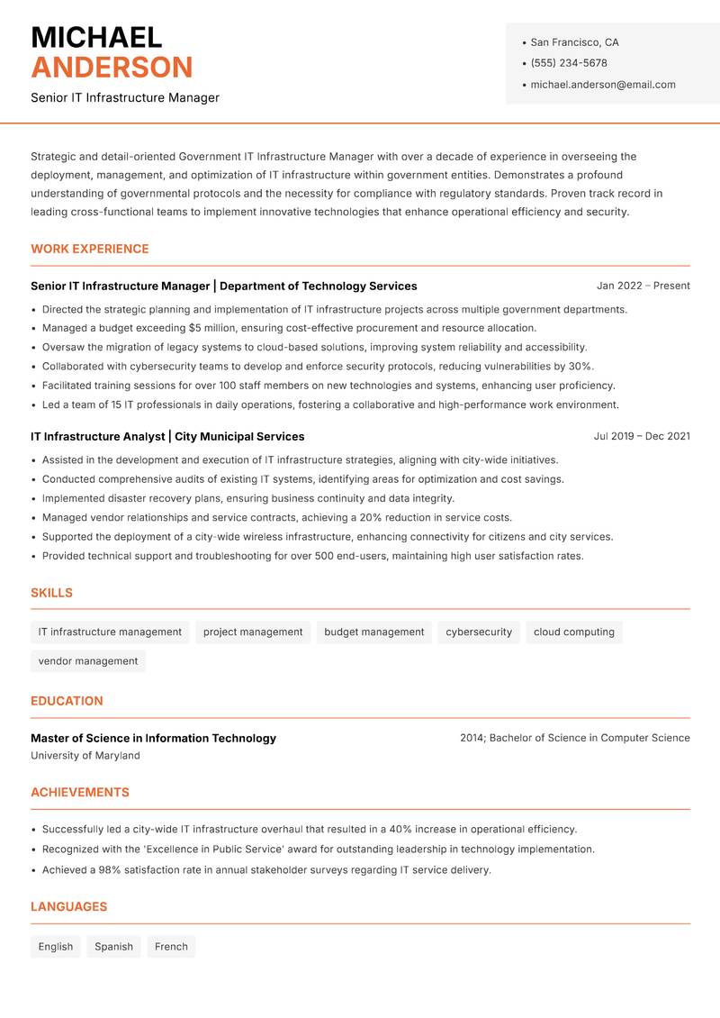 Government IT Infrastructure Manager resume sample — Senior IT Infrastructure Manager focus