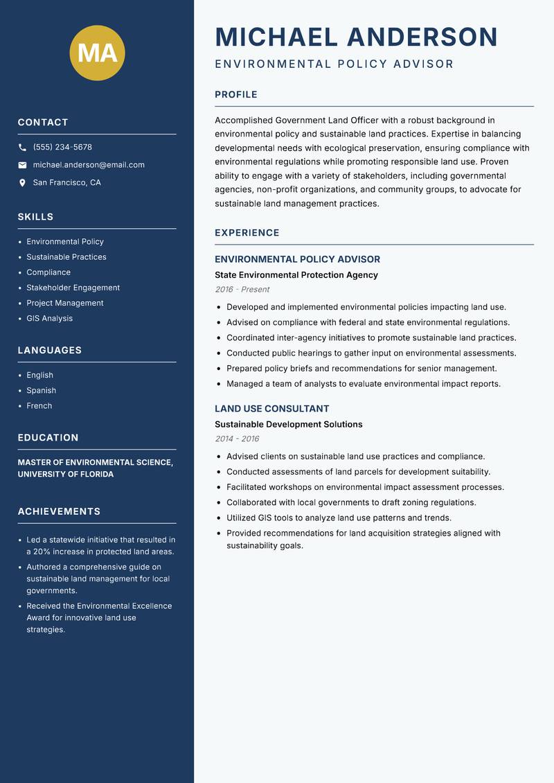 Government Land Officer resume sample — Environmental Policy Advisor focus