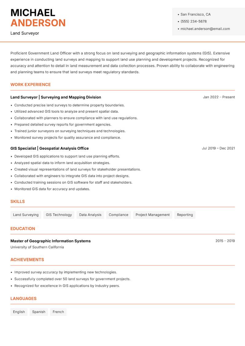Government Land Officer resume sample — Land Surveyor focus