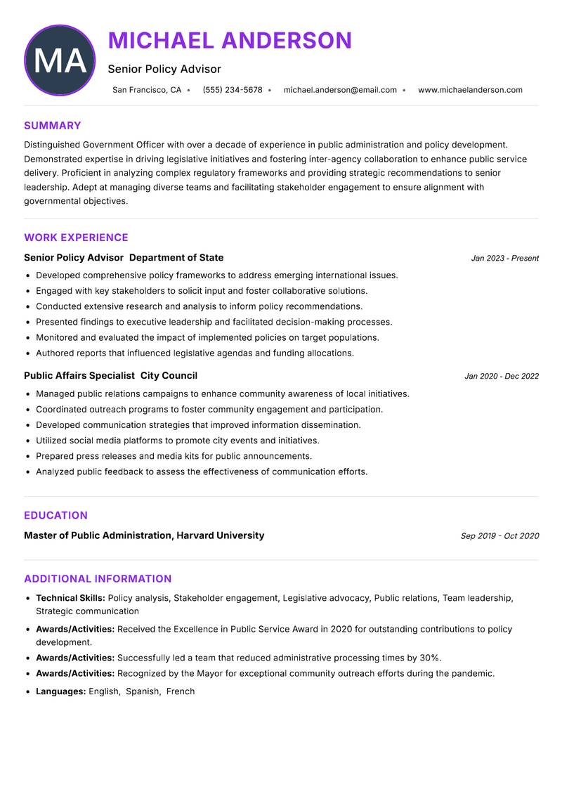 Government Officer resume example
