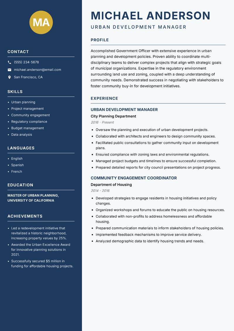 Government Officer resume sample — Urban Development Manager focus