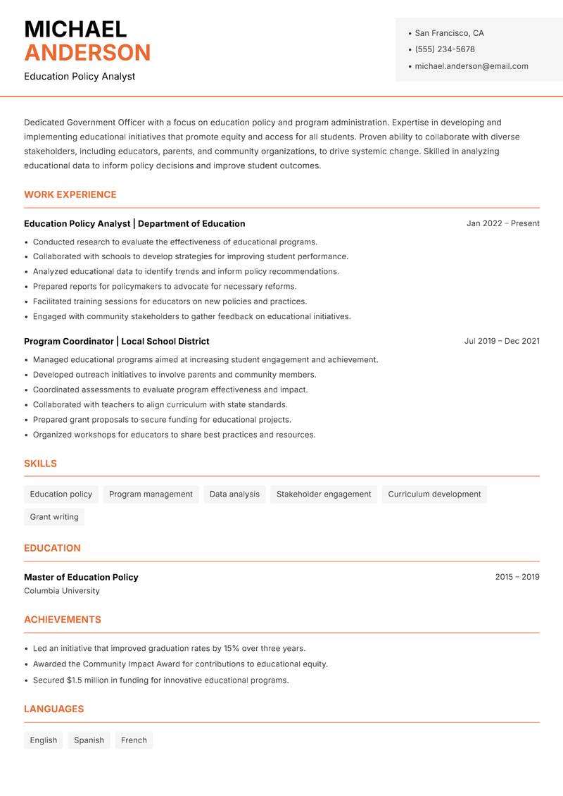 Government Officer resume sample — Education Policy Analyst focus