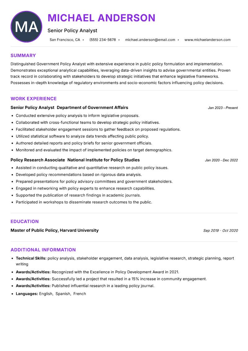 Government Policy Analyst resume example