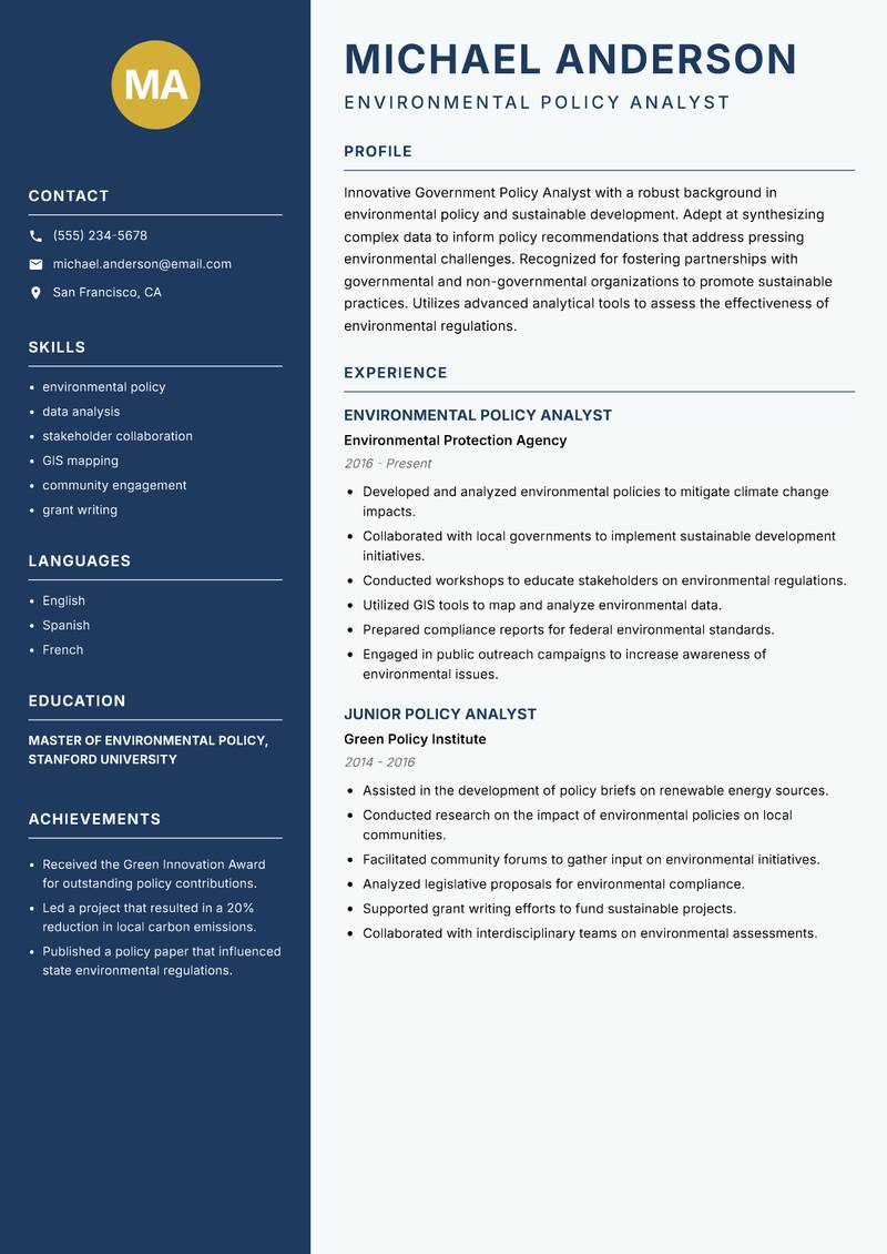 Government Policy Analyst resume sample — Environmental Policy Analyst focus