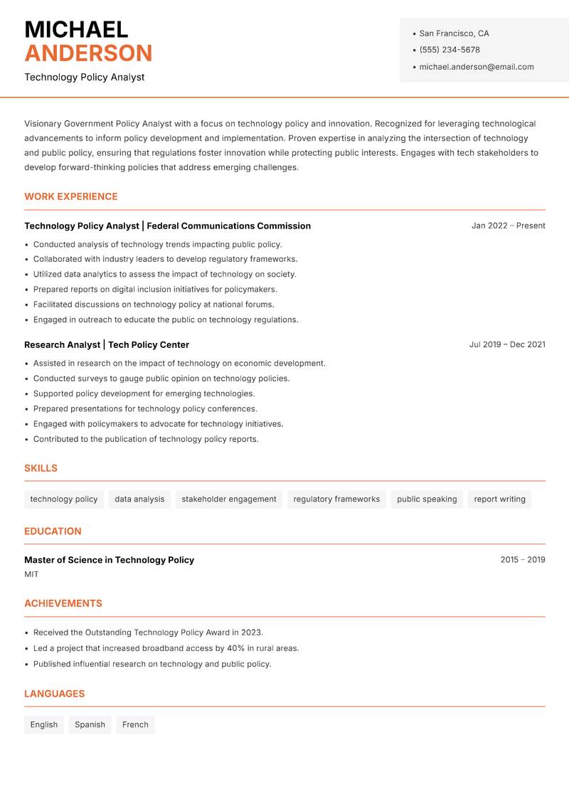 Government Policy Analyst resume sample — Technology Policy Analyst focus
