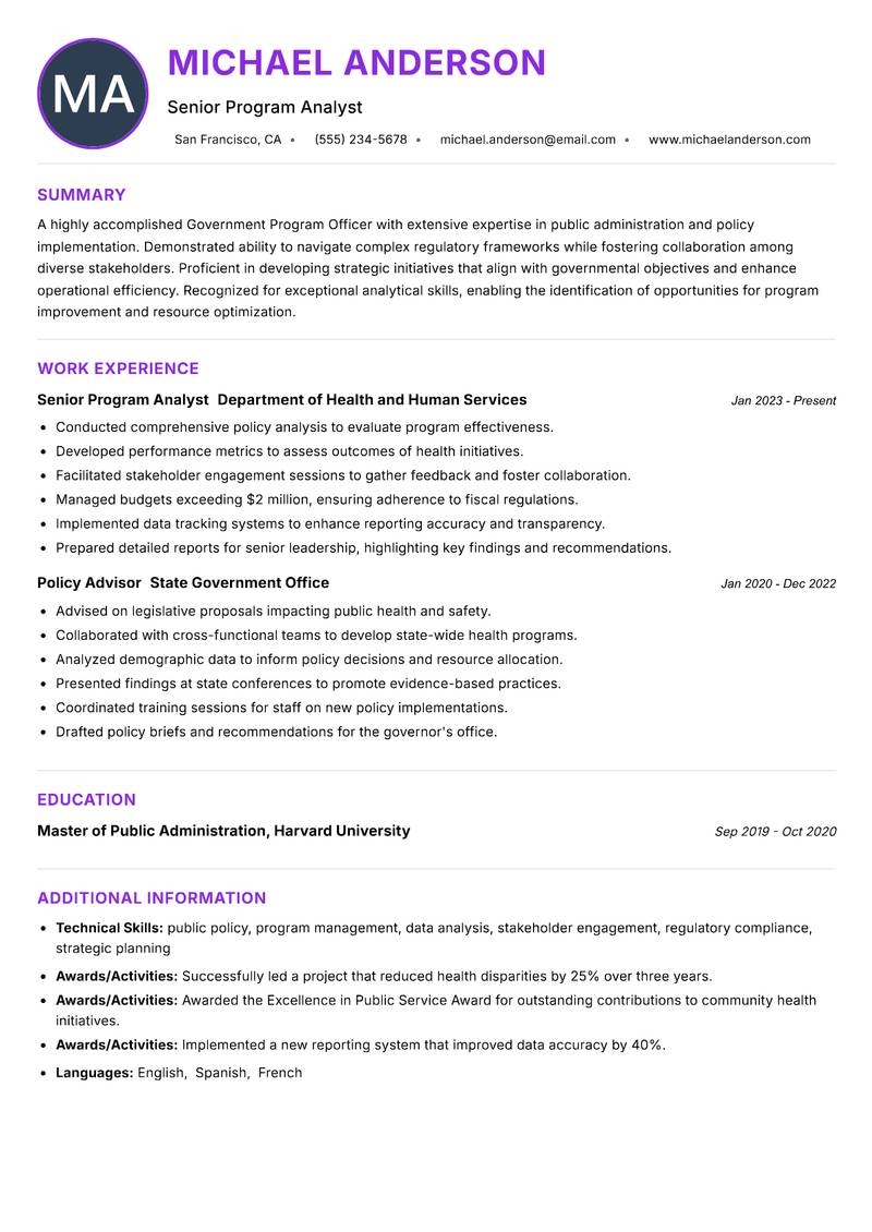 Government Program Officer resume example