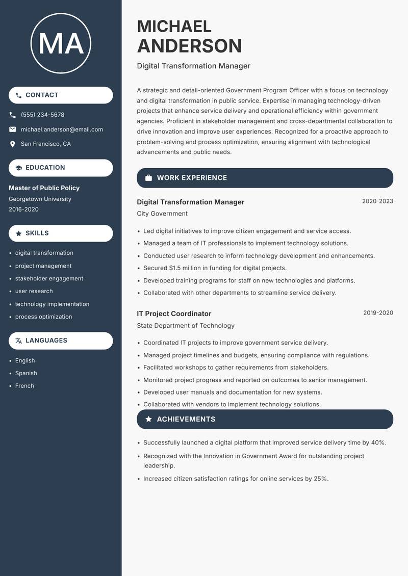 Government Program Officer resume sample — Digital Transformation Manager focus