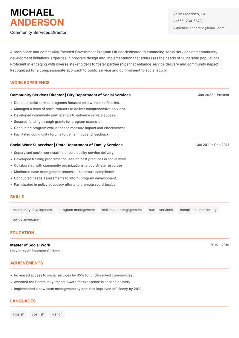 Government Program Officer resume sample — Community Services Director focus