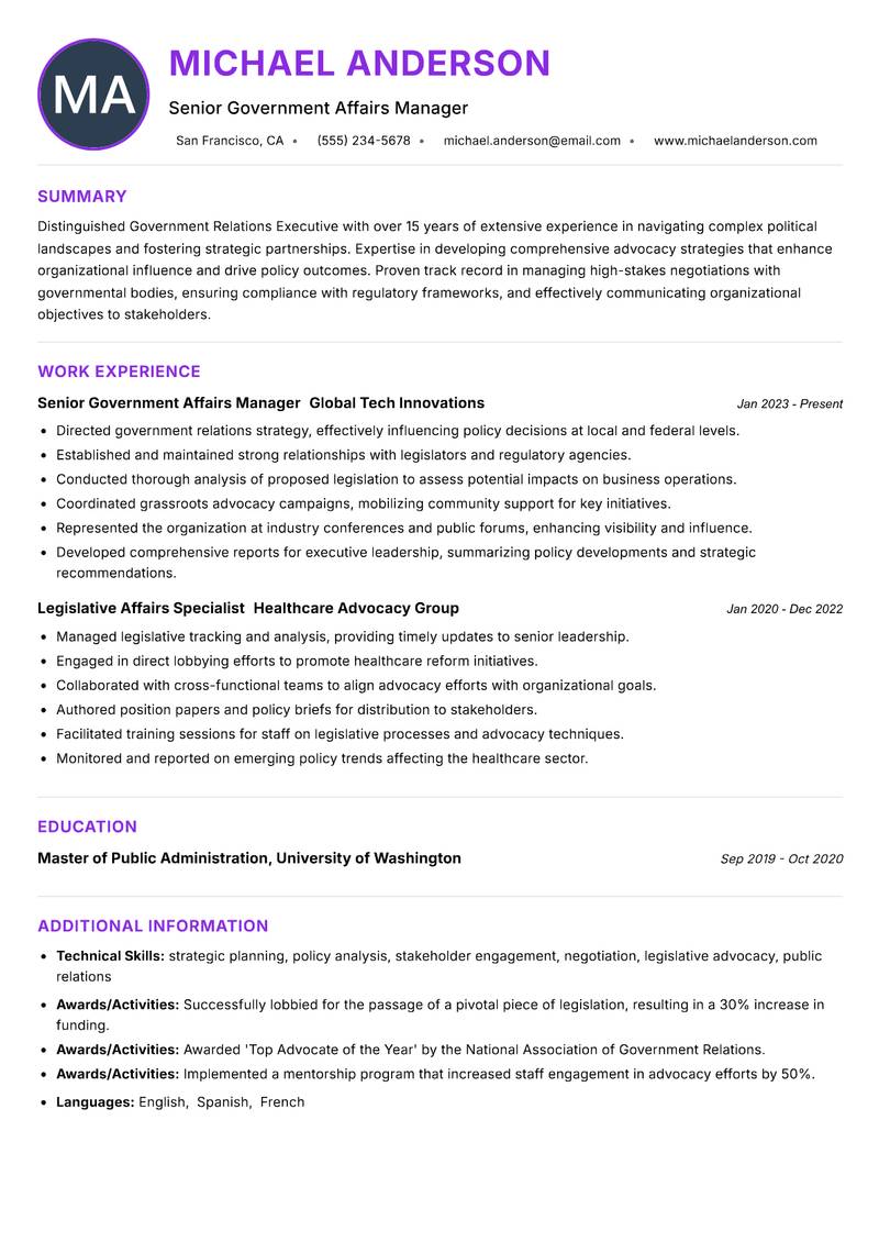 Government Relations Executive resume example