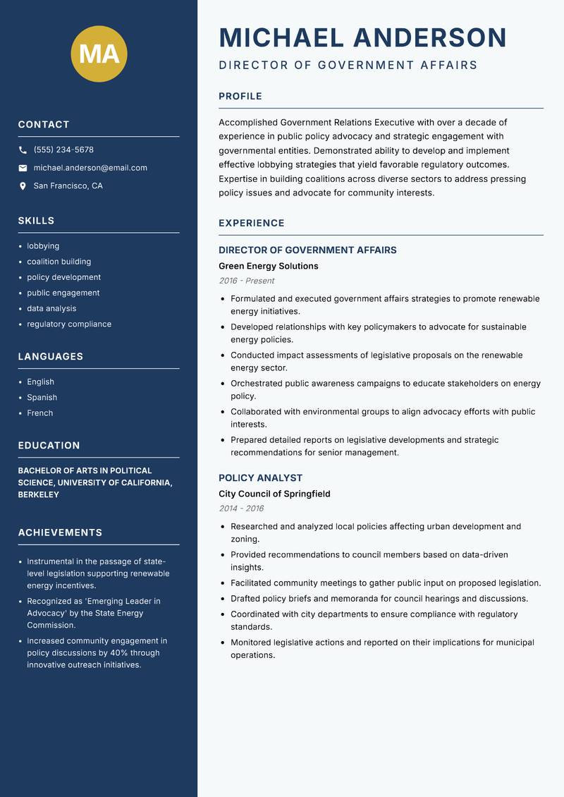Government Relations Executive resume sample — Director of Government Affairs focus