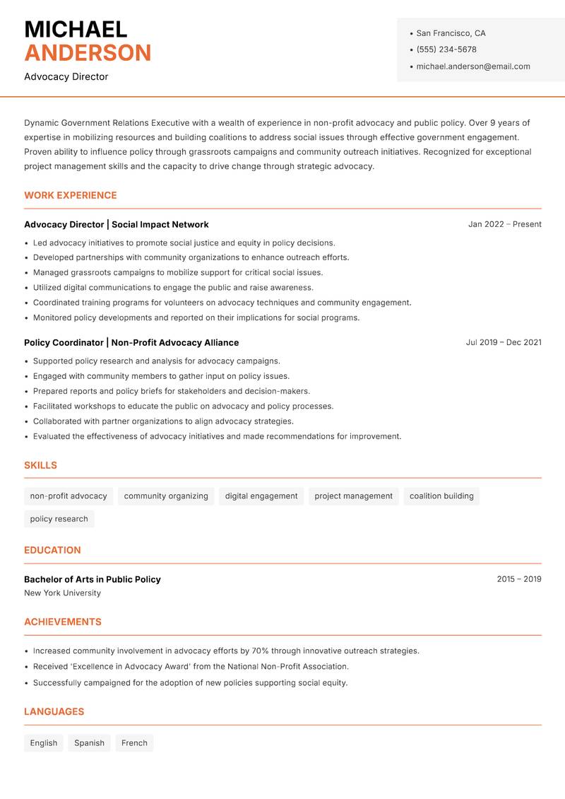 Government Relations Executive resume sample — Advocacy Director focus
