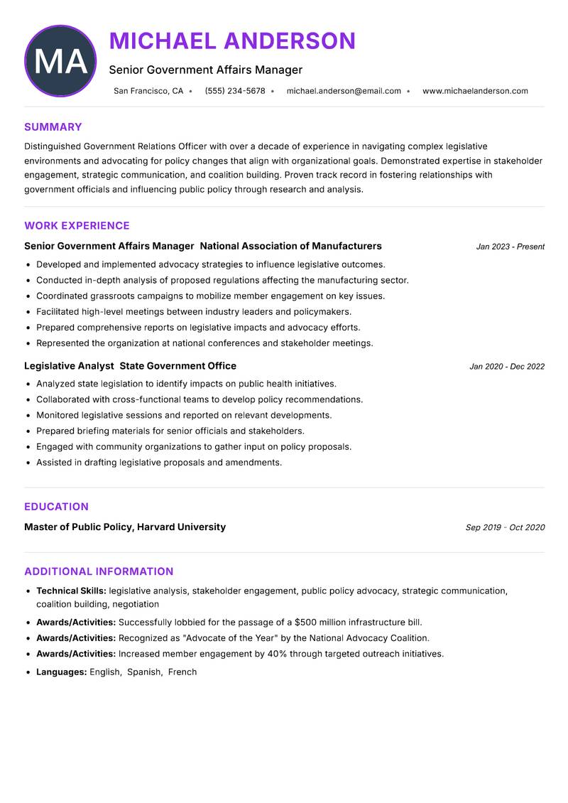 Government Relations Officer resume example