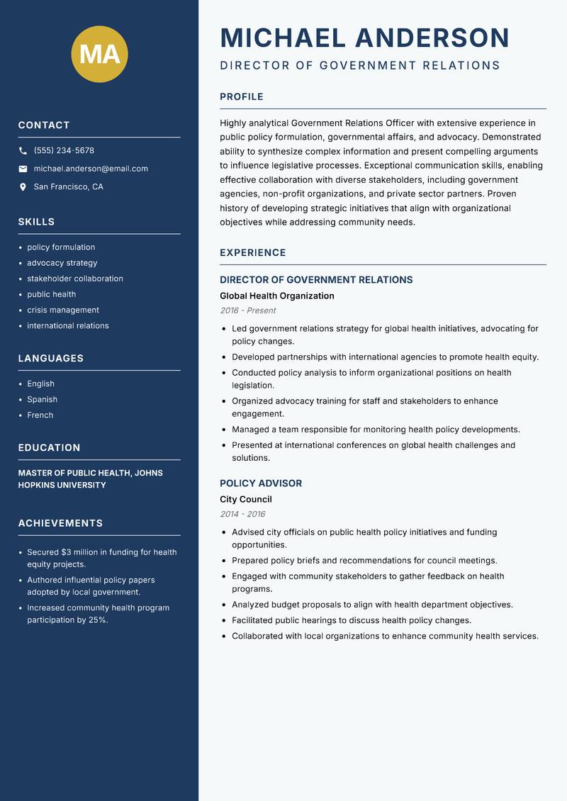 Government Relations Officer resume sample — Director of Government Relations focus