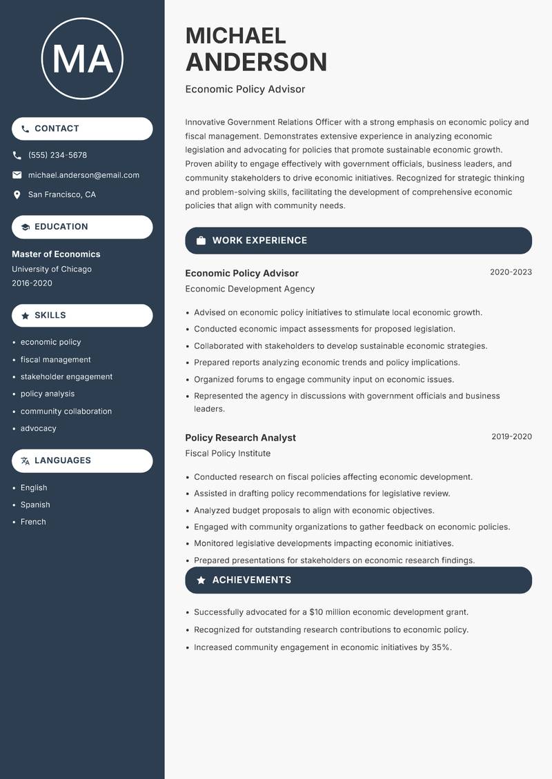 Government Relations Officer resume sample — Economic Policy Advisor focus