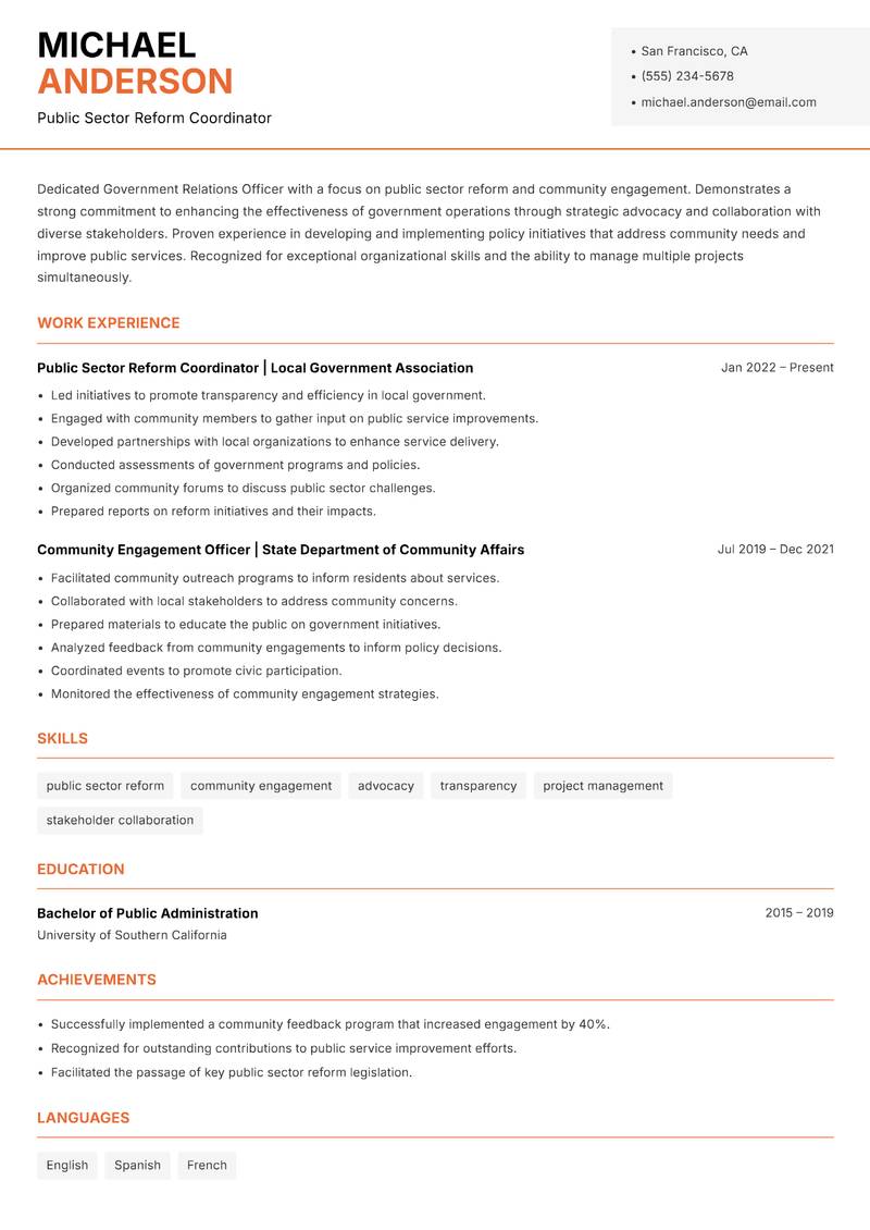 Government Relations Officer resume sample — Public Sector Reform Coordinator focus