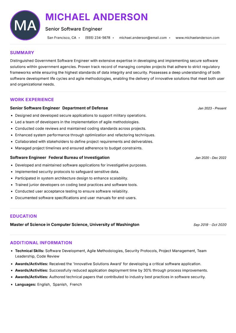 Government Software Engineer resume example