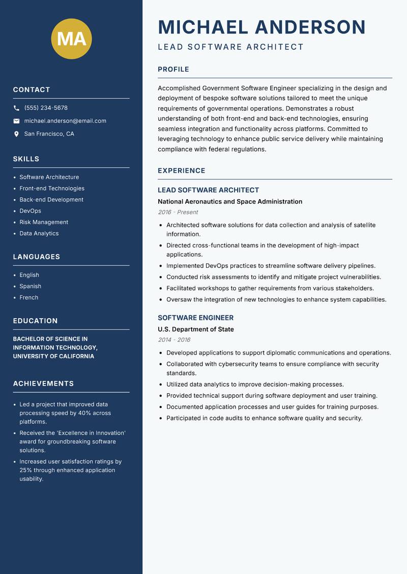 Government Software Engineer resume sample — Lead Software Architect focus