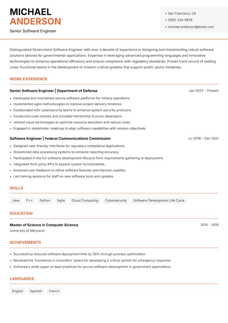 Government Software Engineer resume sample — Senior Software Engineer focus