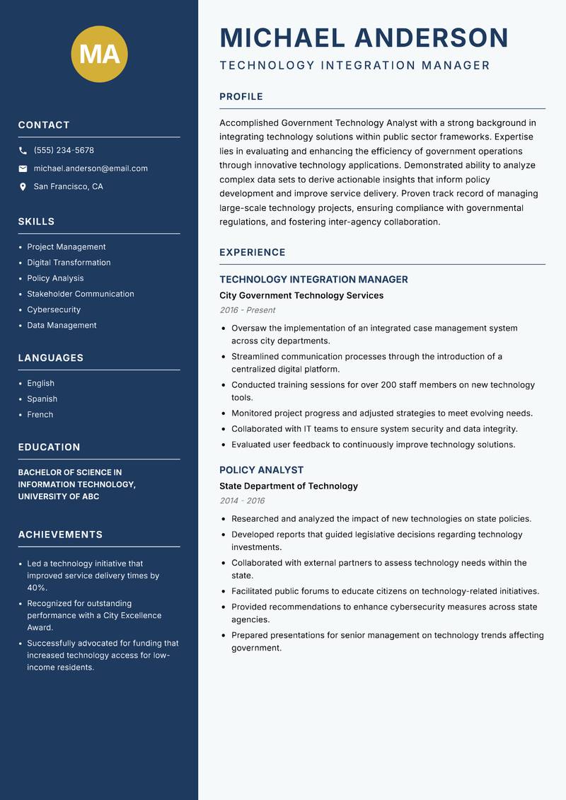 Government Technology Analyst resume sample — Technology Integration Manager focus