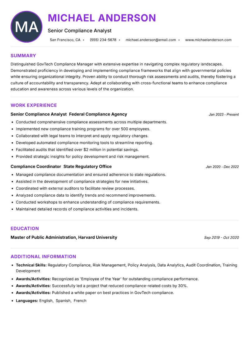 GovTech Compliance Manager resume example