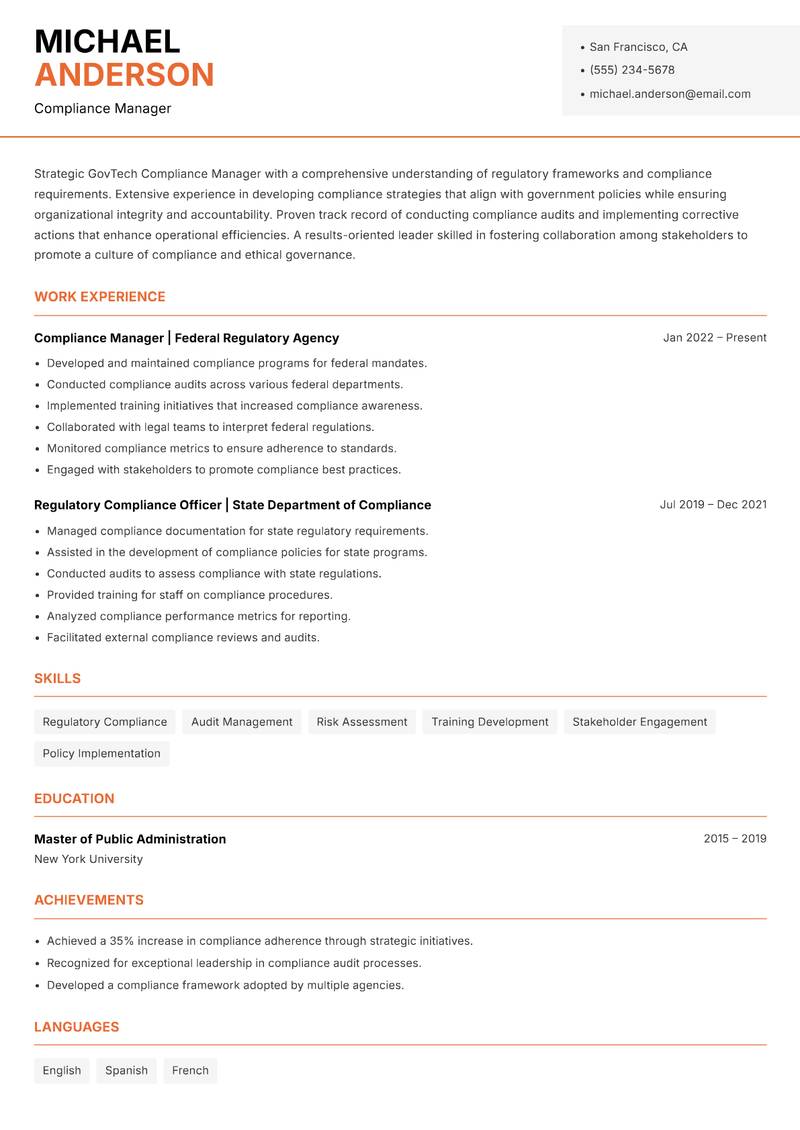 GovTech Compliance Manager resume sample — Compliance Manager focus