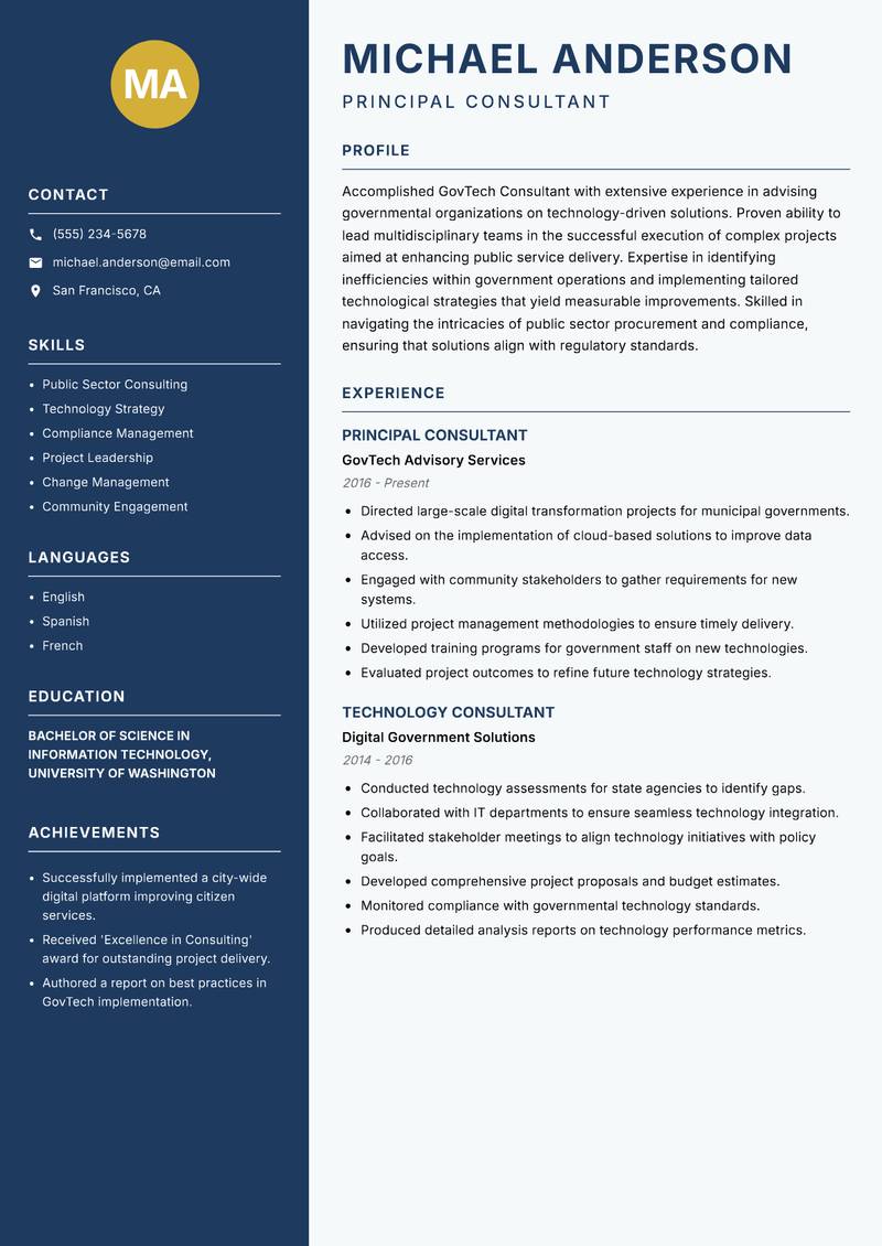 GovTech Consultant resume sample — Principal Consultant focus