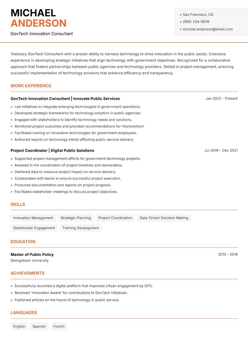 GovTech Consultant resume sample — GovTech Innovation Consultant focus