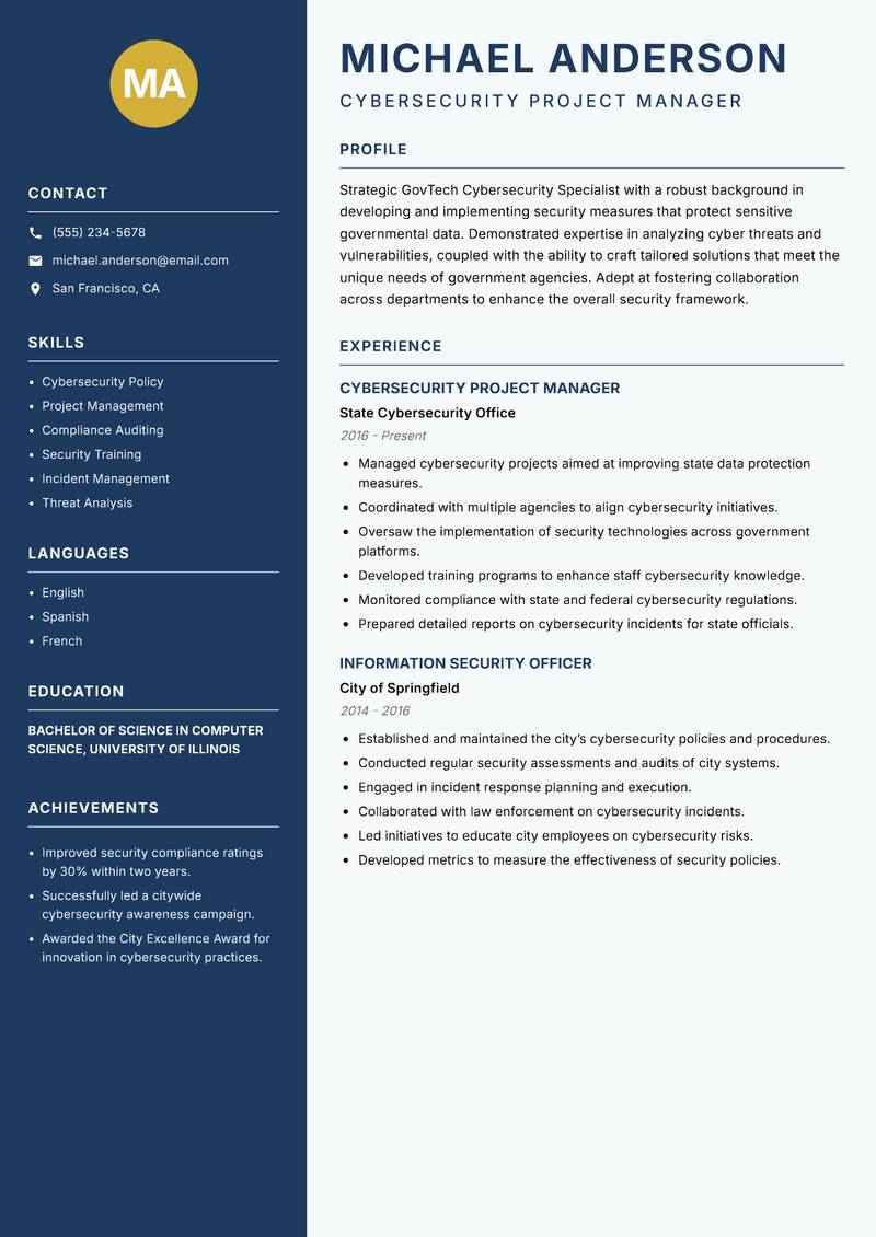 GovTech Cybersecurity Specialist resume sample — Cybersecurity Project Manager focus