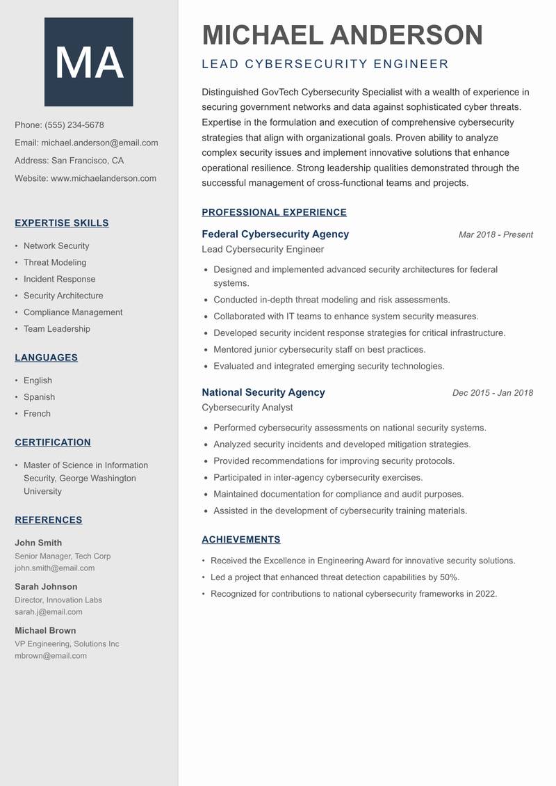 GovTech Cybersecurity Specialist resume sample — Lead Cybersecurity Engineer focus