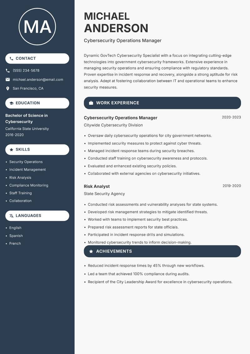 GovTech Cybersecurity Specialist resume sample — Cybersecurity Operations Manager focus