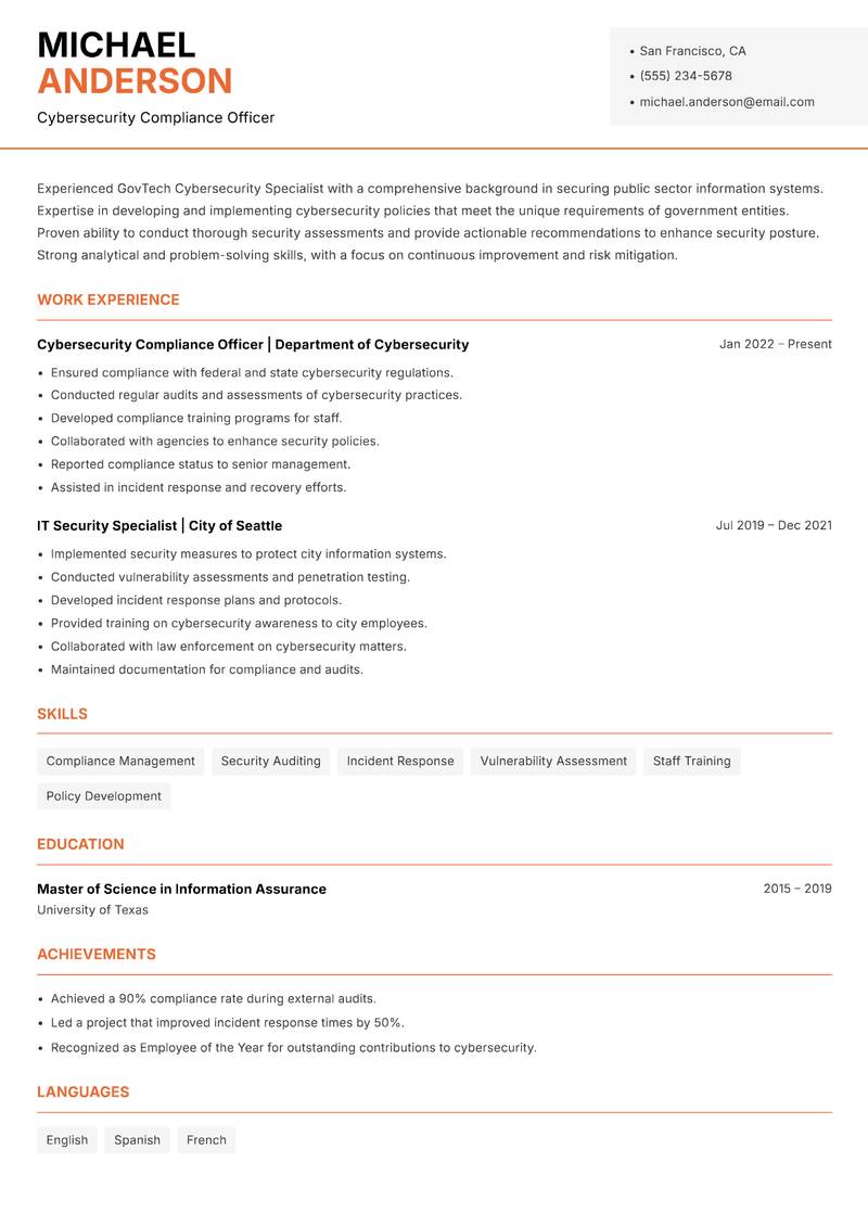 GovTech Cybersecurity Specialist resume sample — Cybersecurity Compliance Officer focus