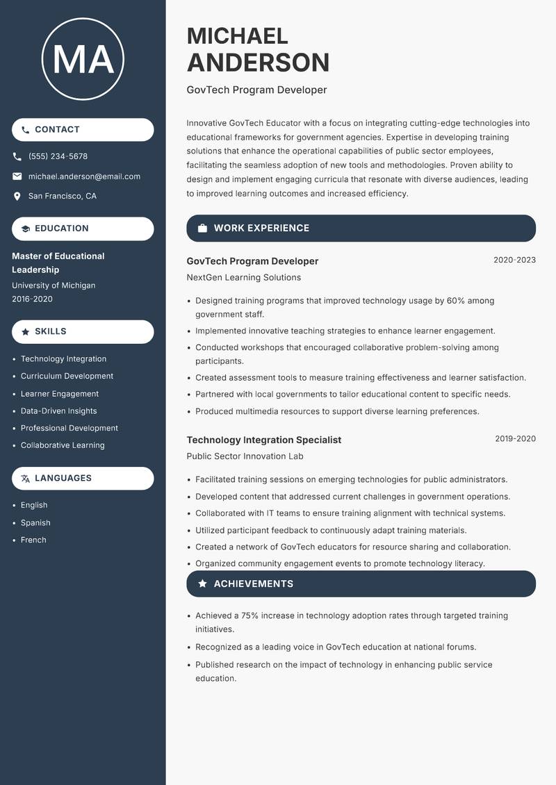 GovTech Educator resume sample — GovTech Program Developer focus